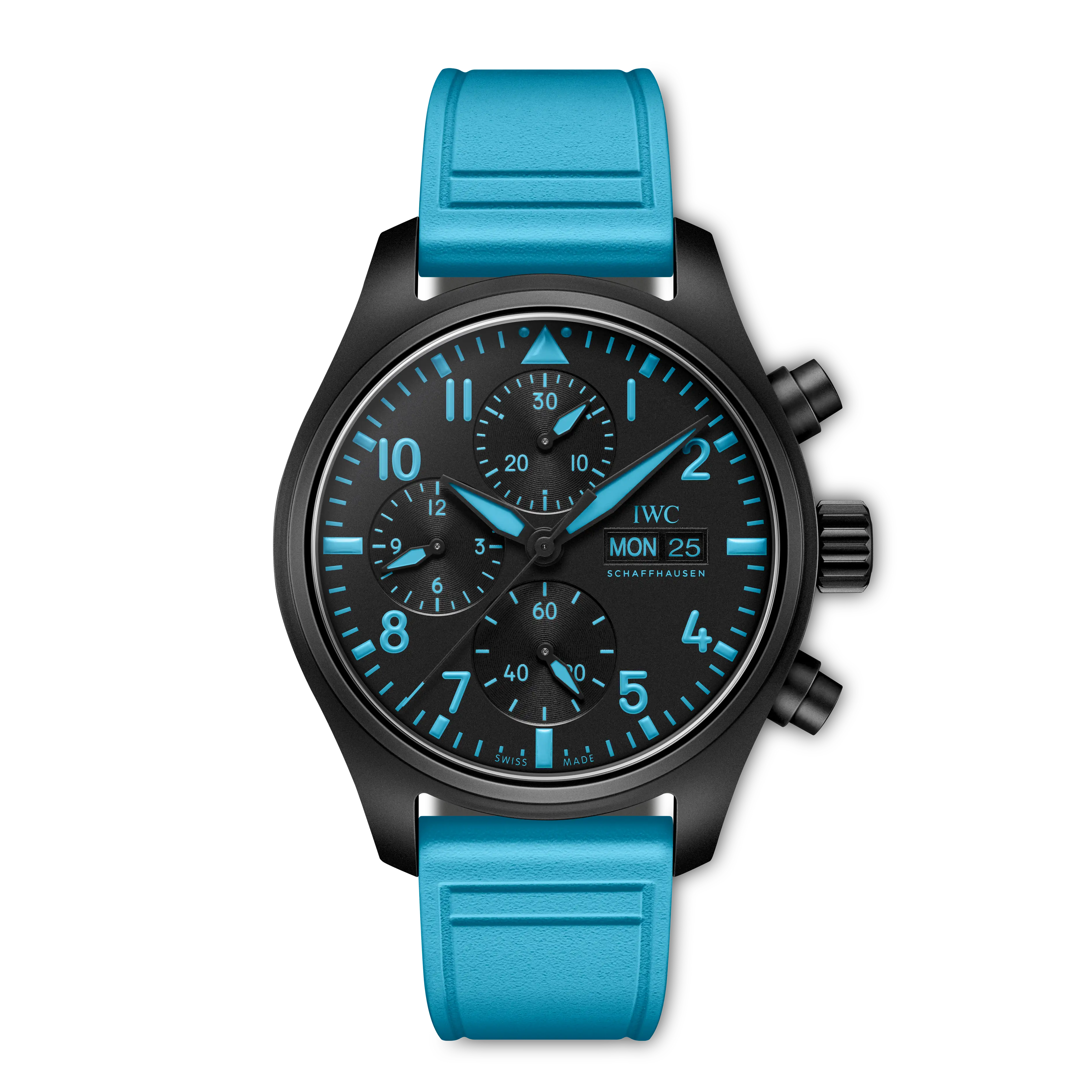 Wristwatch with blue strap and black dial on a white background