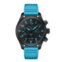 Wristwatch with blue strap and black dial on a white background