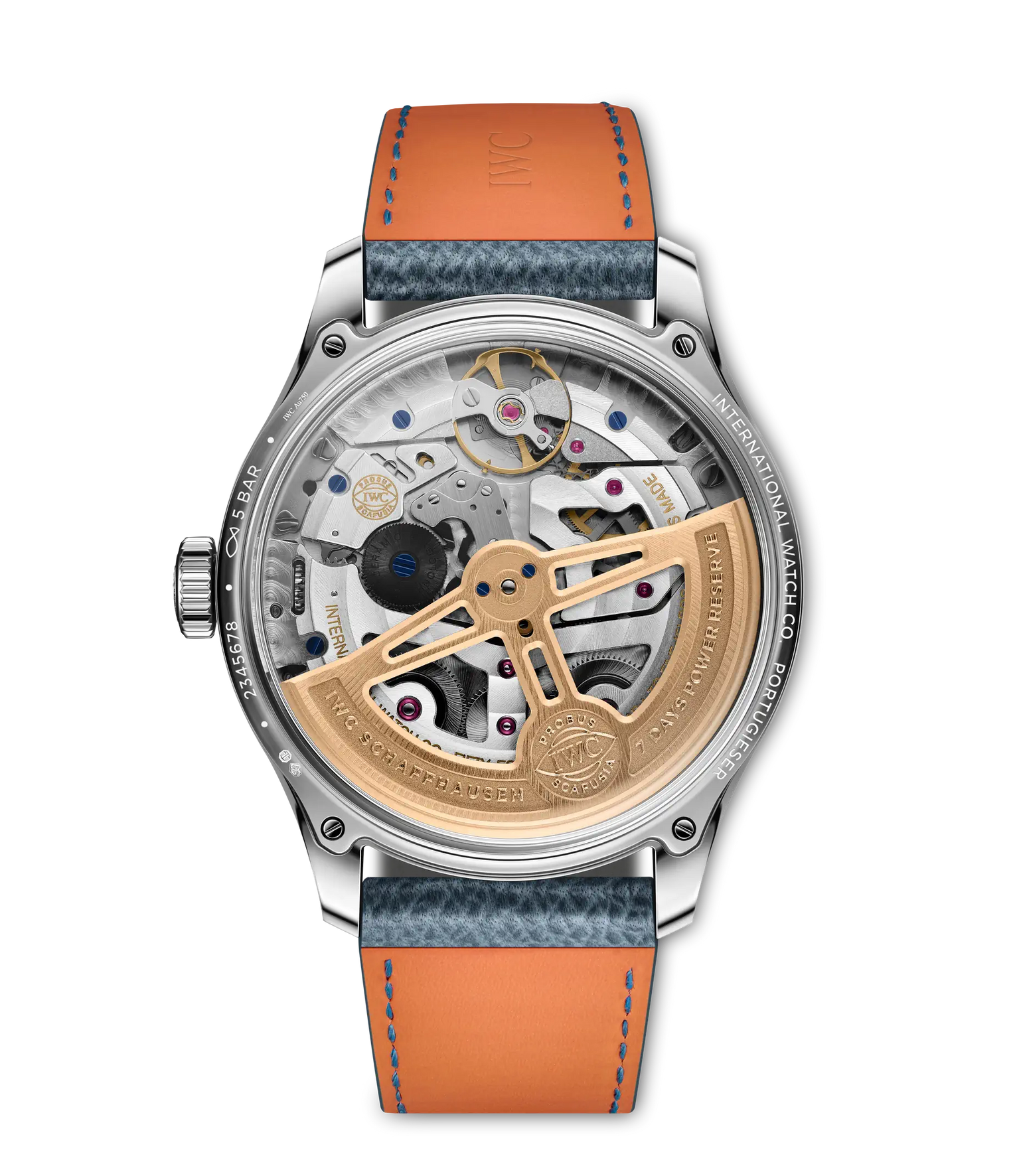 The back of the IWC Schaffhausen Portugieser Perpetual Calendar 44 showcases its intricate movement, gold rotor, and engravings. It features a blue and orange leather strap and a stainless steel case inspired by the iconic Portugieser design.