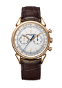 Rose gold chronograph watch with white dial, dual subdials, blue hands, and dark brown crocodile leather strap.