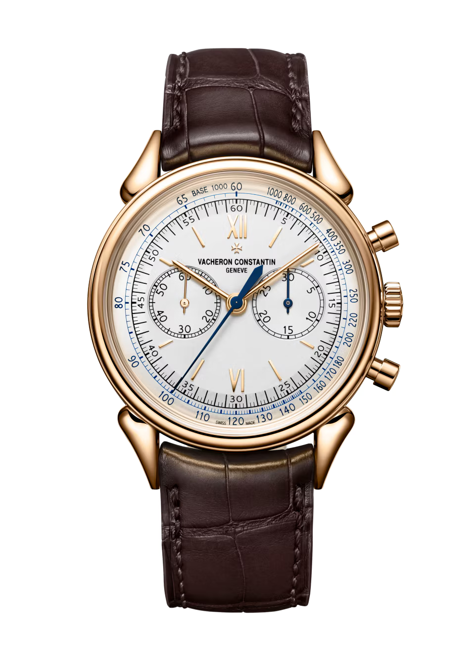 Rose gold chronograph watch with white dial, dual subdials, blue hands, and dark brown crocodile leather strap.