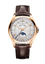 Rose gold watch with silver dial, brown crocodile leather strap, day-date windows, and moon phase indicator.