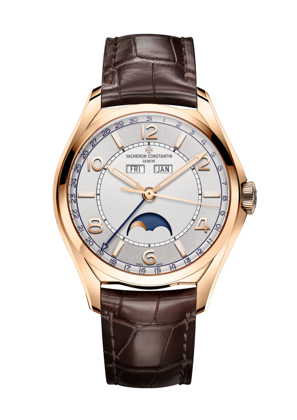 Rose gold watch with silver dial, brown crocodile leather strap, day-date windows, and moon phase indicator.