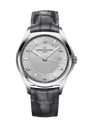 Vacheron Constantin Fiftysix watch with silver dial, Arabic numerals, date window, and black leather crocodile-textured strap