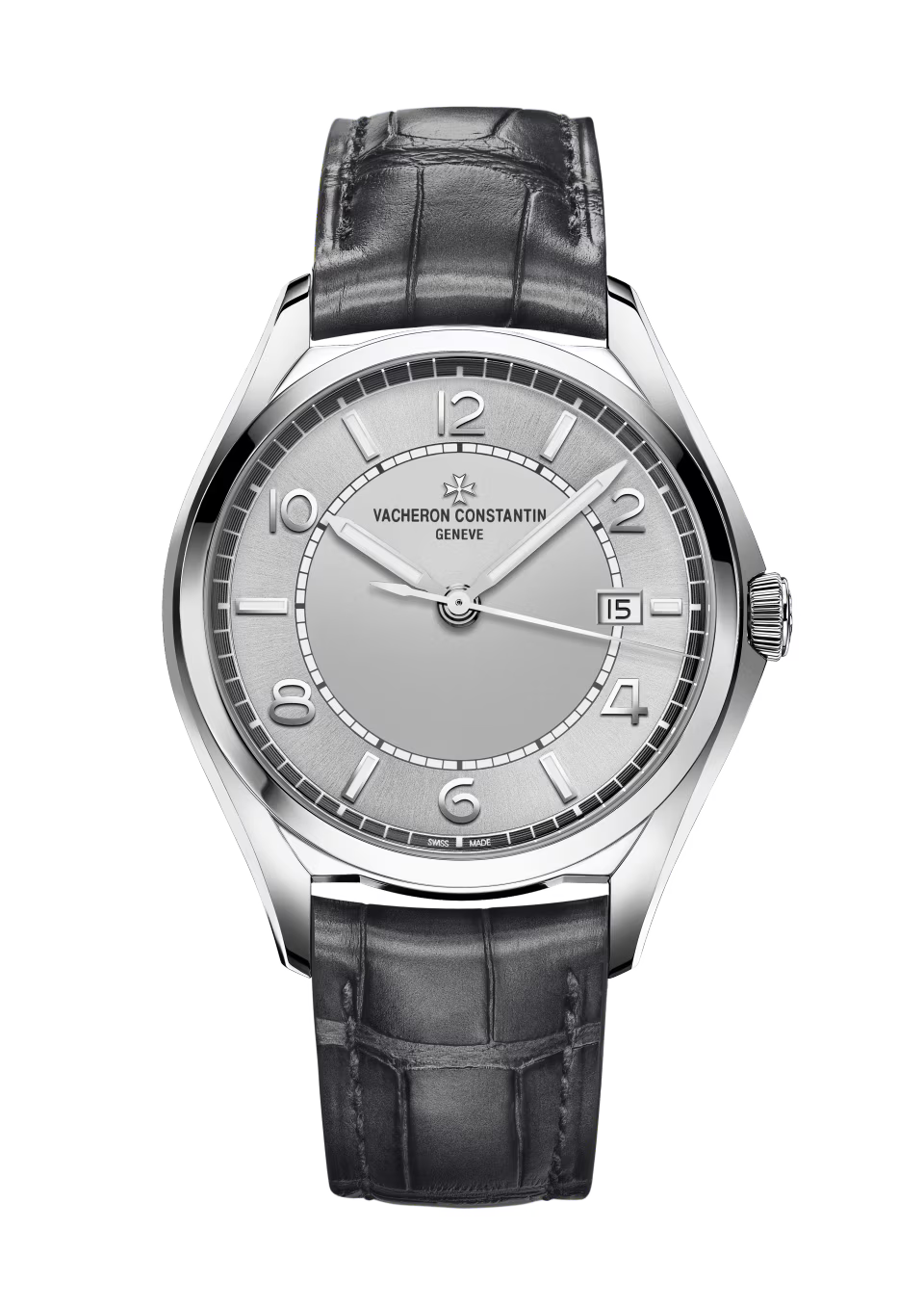 Vacheron Constantin Fiftysix watch with silver dial, Arabic numerals, date window, and black leather crocodile-textured strap