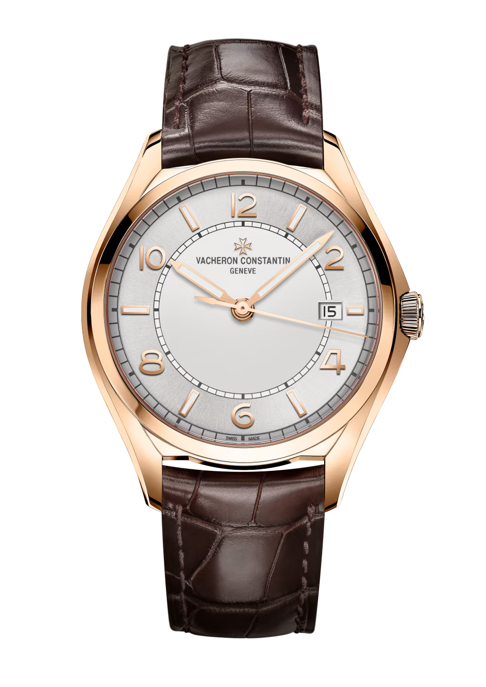 Rose gold watch with silver dial, Arabic numerals, date window, and dark brown crocodile leather strap.