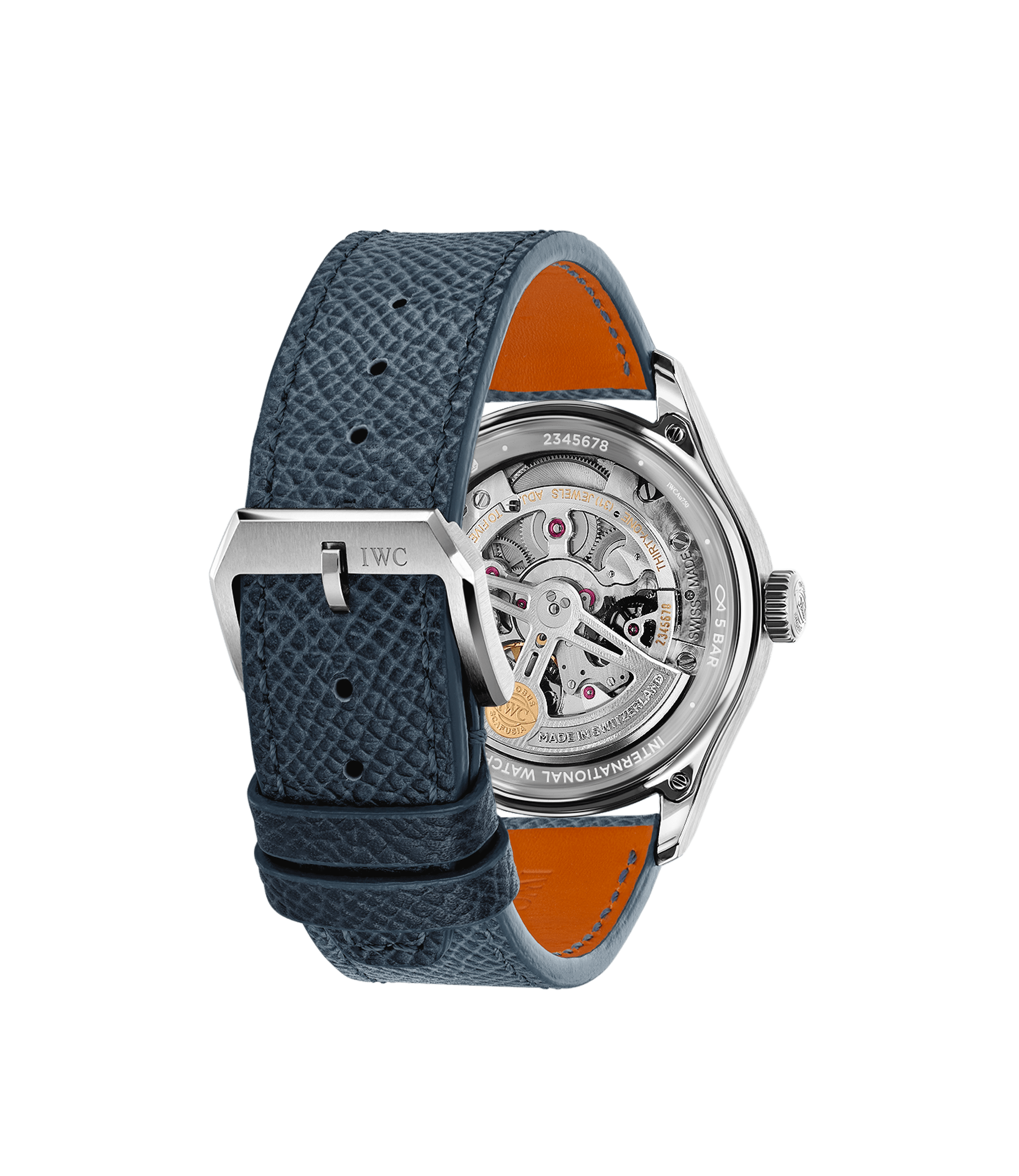 The IWC Schaffhausen Portugieser Automatic 40 features a blue textured leather strap and a transparent case back displaying its mechanical movement, shown against a white background.