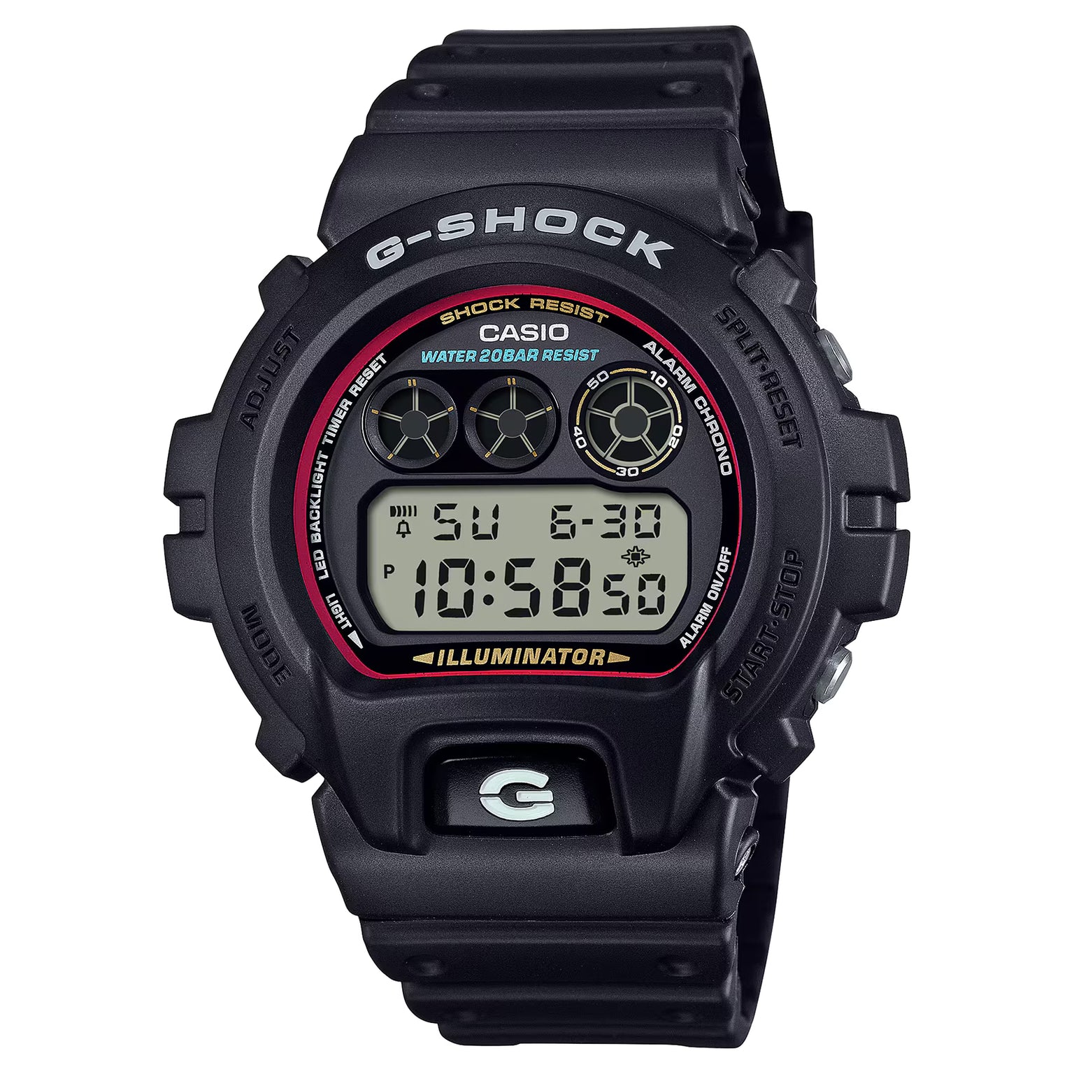 Black Casio G-Shock digital watch with red bezel, LCD display, and black resin band.