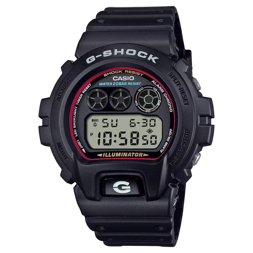 Black G-Shock digital watch with red bezel, digital display showing time, and black resin band.