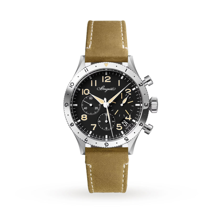 The Breguet Type XX Chronographe 2067 features a black dial, silver bezel, three subdials, self-winding movement, brown leather strap, and bold white hour markers and hands.