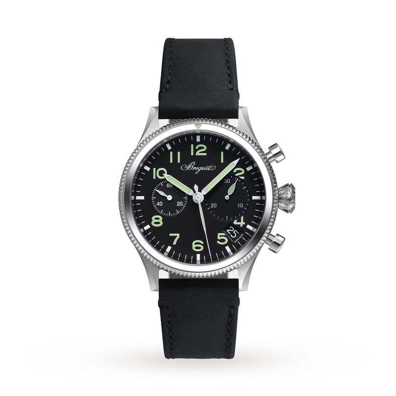 The Breguet Type 20 Chronographe 2057 features a black leather strap, black dial with luminous hands and numerals, silver case, two side pushers, self-winding movement, and displays the Breguet brand name on the dial.