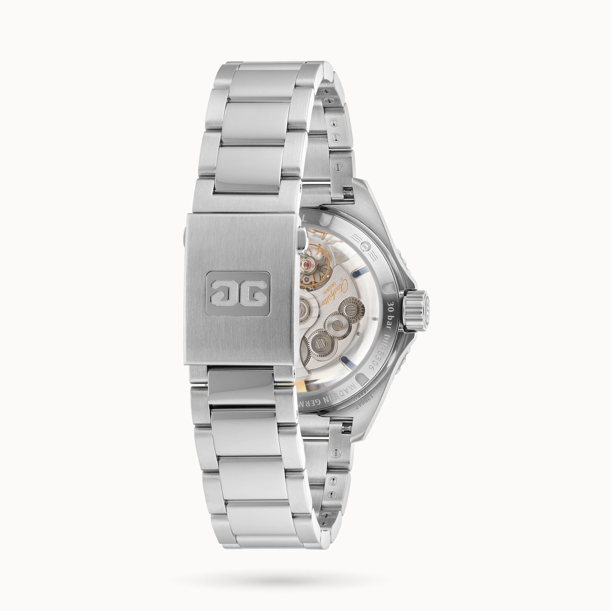 The Glashütte Original SeaQ Panorama Date wristwatch features a silver stainless steel back with a transparent case, revealing its intricate internal mechanisms for added aesthetic appeal.