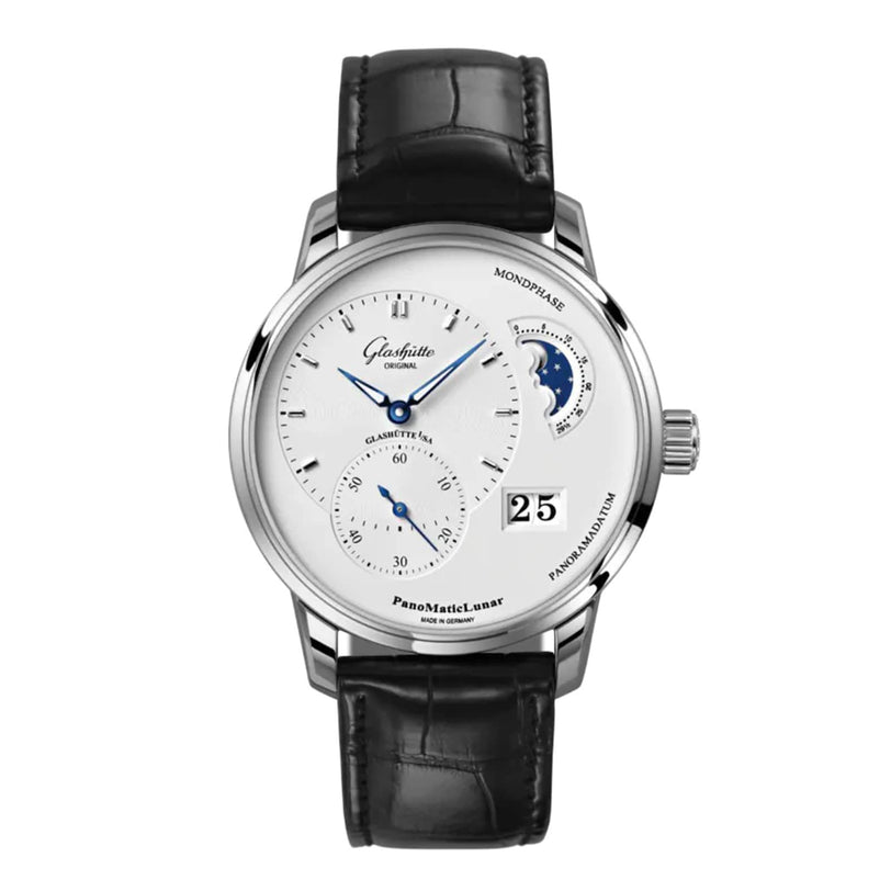 The Glashütte Original PanoMaticLunar is a silver analog wristwatch featuring a 38mm steel case, black leather strap, reverse panda dial with white counters, multiple subdials, moon phase display, and a right-side date window.
