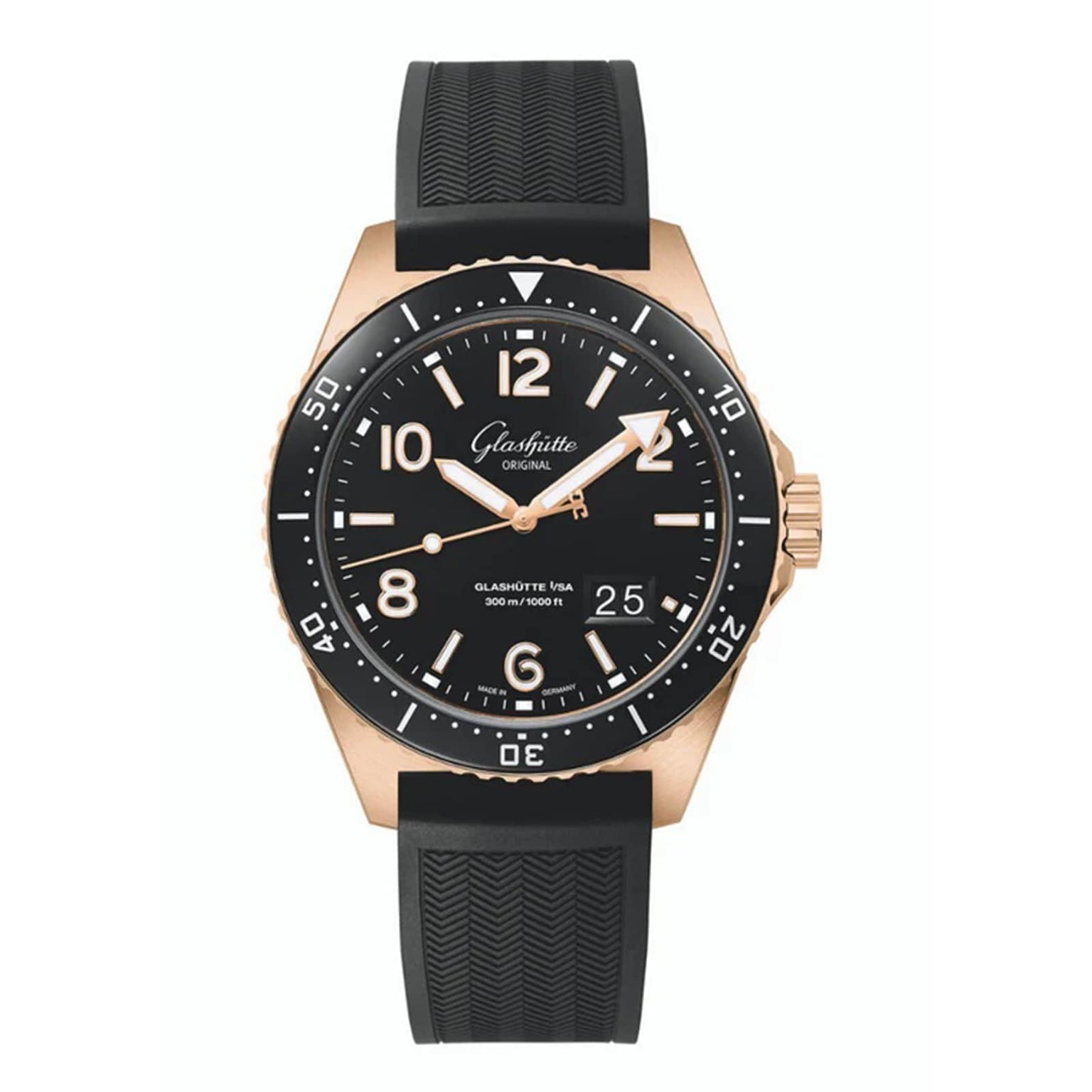 The Glashütte Original SeaQ Panorama Date is an iconic black and gold wristwatch with a black dial, white numerals, a date display at 3 oclock, rotating bezel, and textured black rubber strap—crafted for precision.