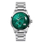 The Glashütte Original PanoMaticLunar is a luxury silver wristwatch with a green dial, date display, moonphase, and subdials, on a metal bracelet.