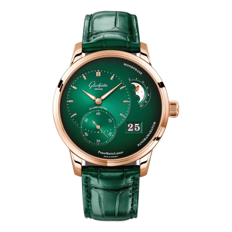 The Glashütte Original PanoMaticLunar is a luxury watch from the Pano Collection with a green dial, leather strap, rose gold case, date display, subdials, and moon phase—exemplifying German watchmaking excellence.