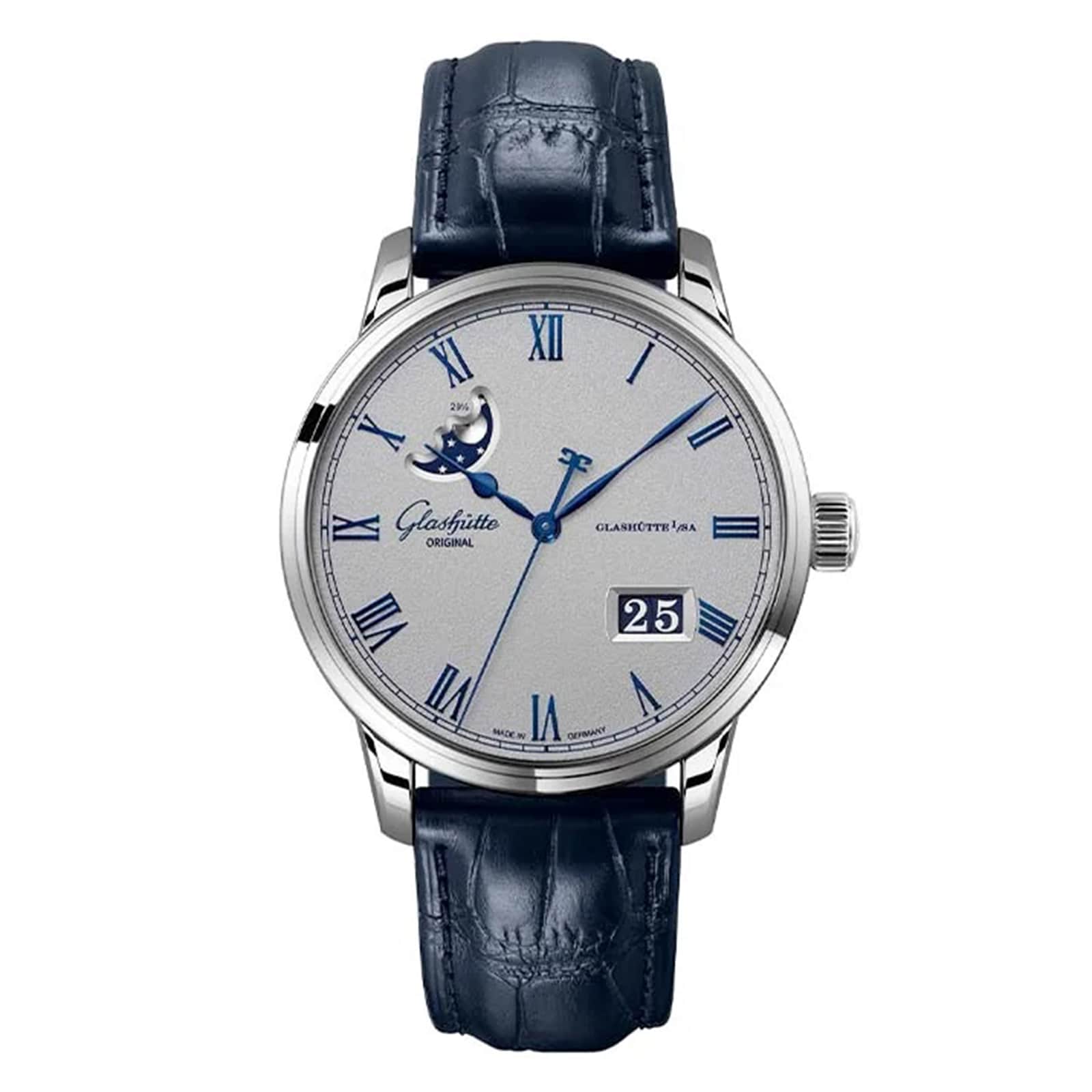 The Glashütte Original Senator Excellence Panorama Date Moon Phase features a silver analog dial with blue Roman numerals, moon phase display, date window, and a dark blue leather strap—exemplifying masterful German watchmaking.