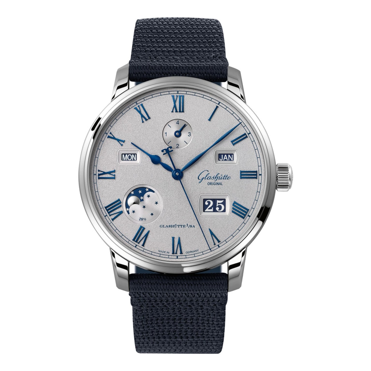 The Glashütte Original Senator Excellence Perpetual Calendar is a classically elegant timepiece with a silver dial, blue Roman numerals, three subdials, day, date, and month displays, and a dark textured strap inspired by German watchmaking.