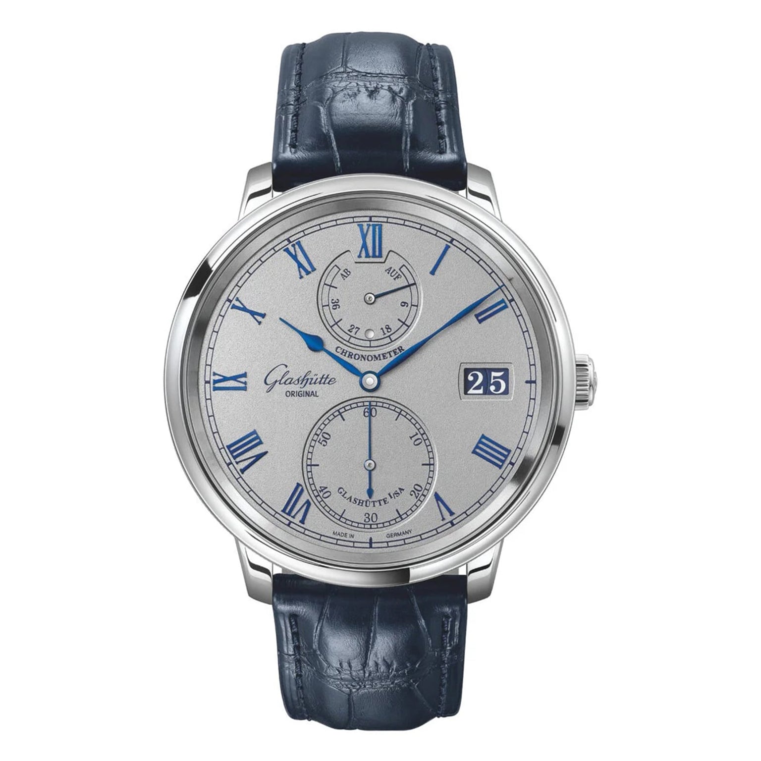 The Glashütte Original Senator Chronometer is a silver analog wristwatch with blue Roman numerals, a leather strap, subdials for seconds and power reserve, and a date window at 3 o’clock—a testament to German luxury watchmaking.