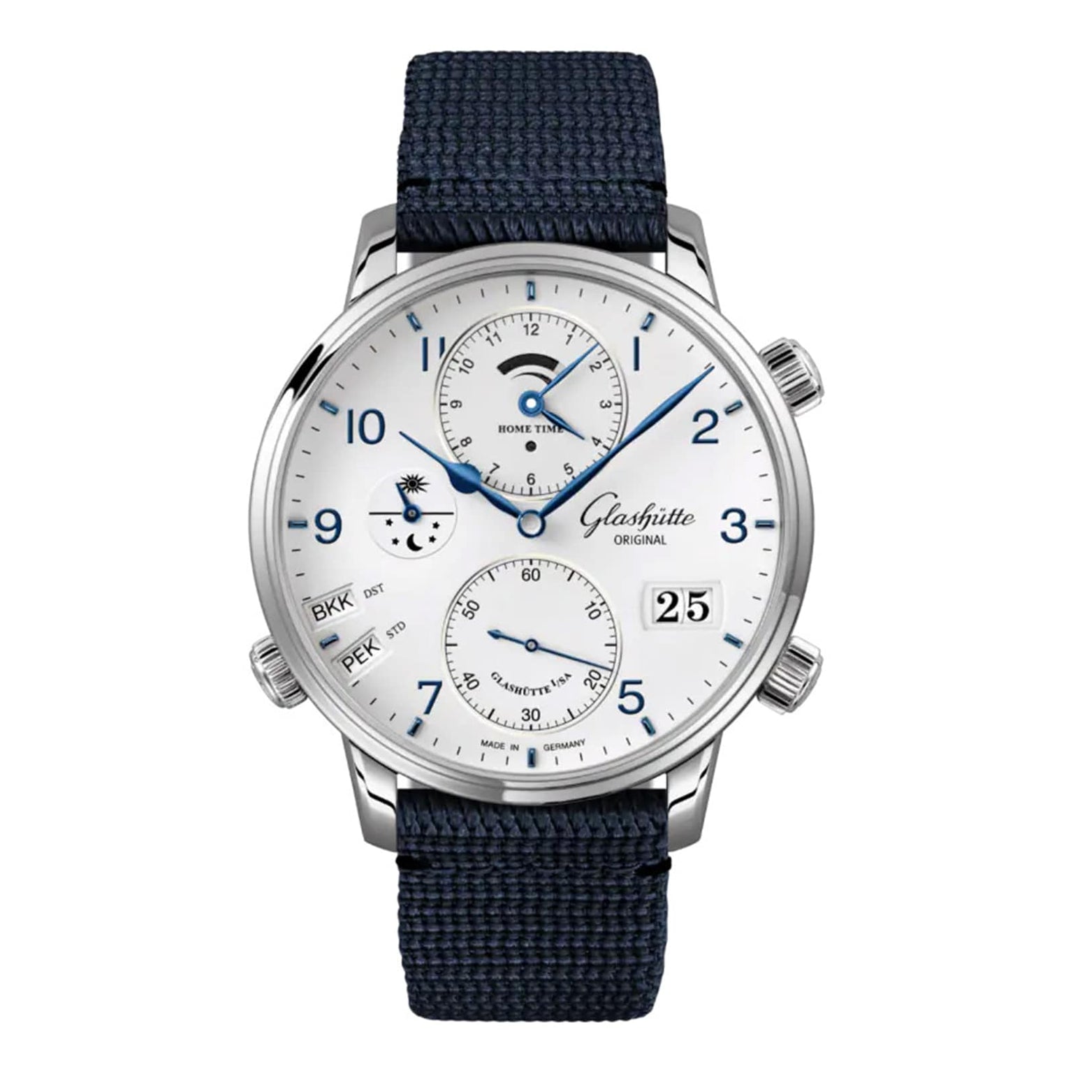 The Glashütte Original Senator Cosmopolite is a silver and white analog wristwatch with a blue fabric strap, featuring three subdials, date display, blue hands, multiple time zones, and day-night indicator—a true German watchmaking classic.