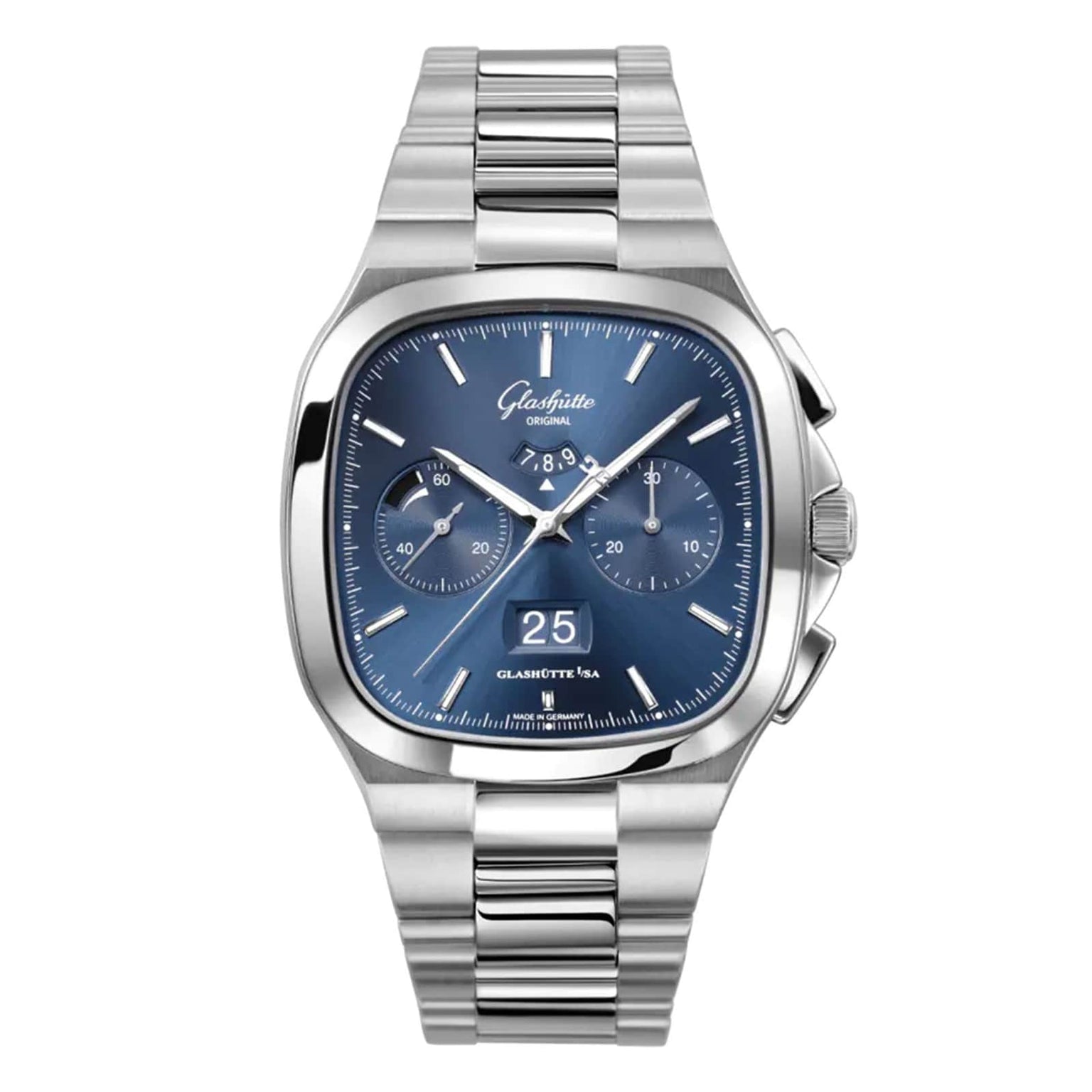 The Glashütte Original Seventies Chronograph Panorama Date features a blue square dial, three subdials, date at 6 o’clock, and a stainless steel bracelet, inspired by German watchmaking and classic Sixties and Seventies designs.