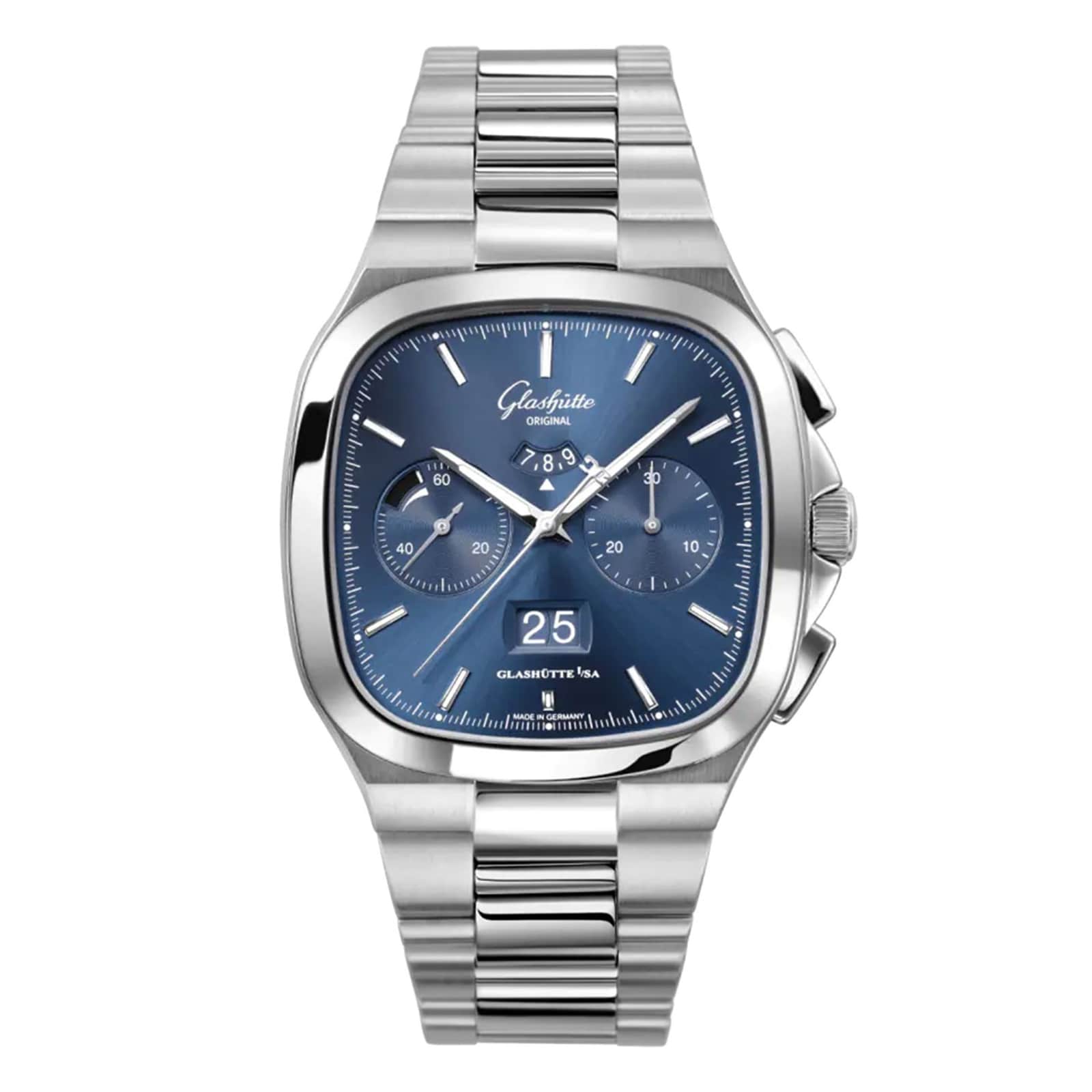 The Glashütte Original Seventies Chronograph Panorama Date features a blue square dial, three subdials, date at 6 o’clock, and a stainless steel bracelet, inspired by German watchmaking and classic Sixties and Seventies designs.