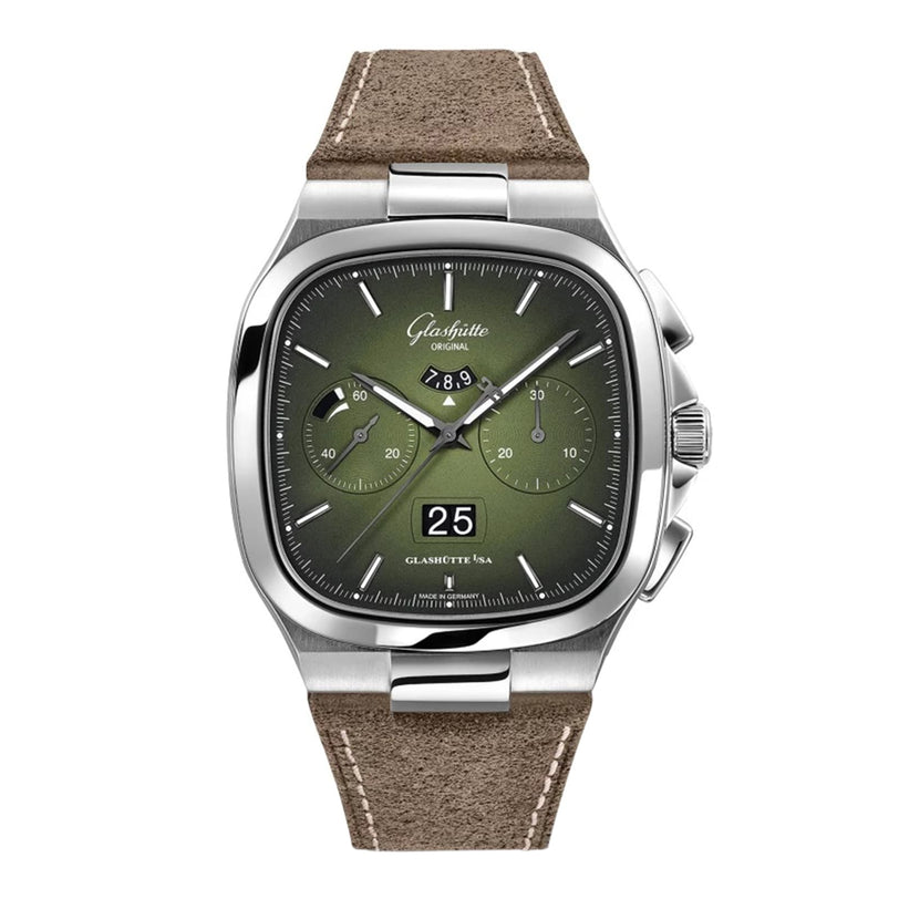 The Glashütte Original Seventies Chronograph Panorama Date features a green gradient square dial with two subdials, shark tooth scale, date at 6 oclock, sporty steel tonneau case, and a brown suede strap.