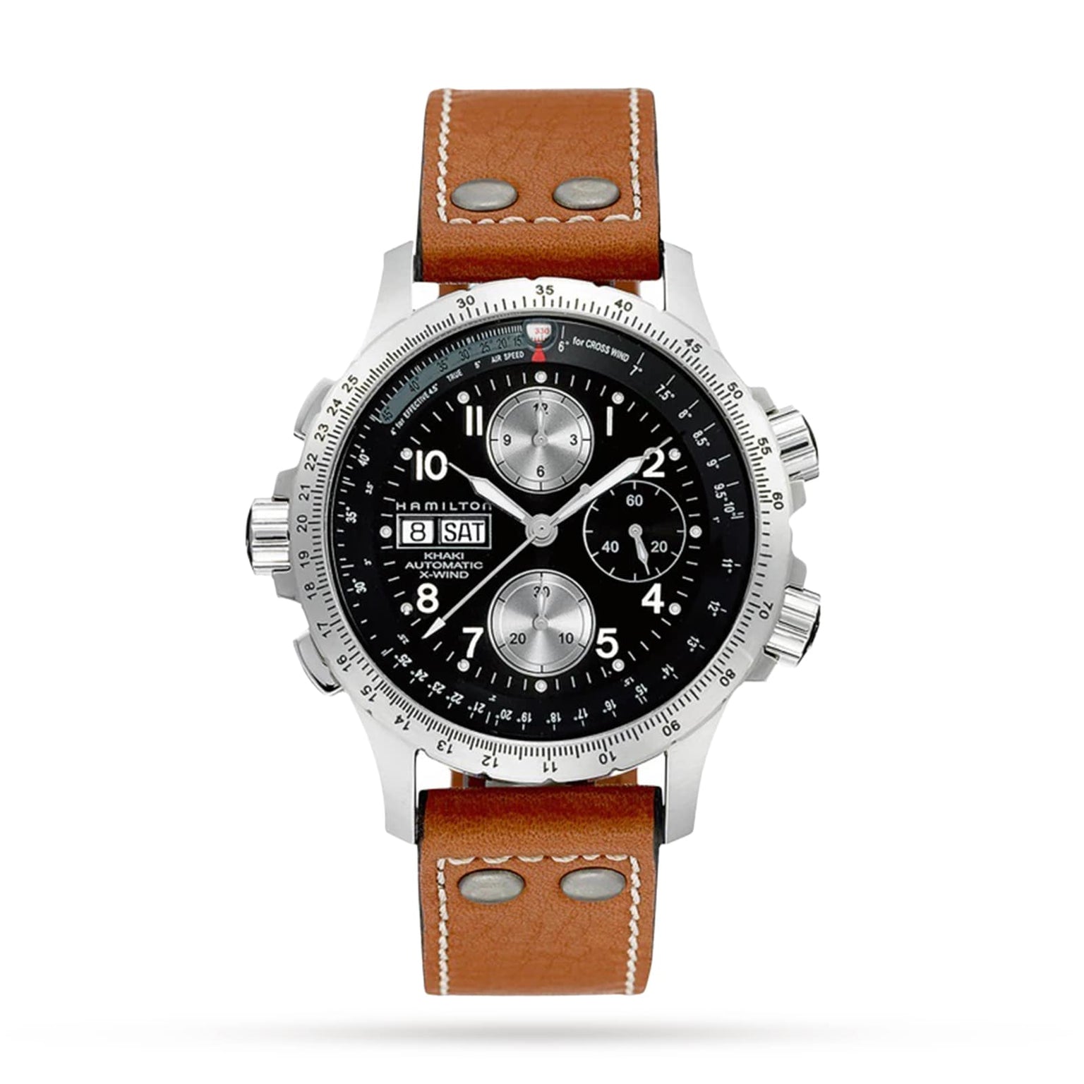 The Hamilton Khaki Aviation X-Wind Auto Chrono is a stainless steel pilot’s watch featuring a black dial, brown leather strap, automatic movement, three subdials, and a day-date display.