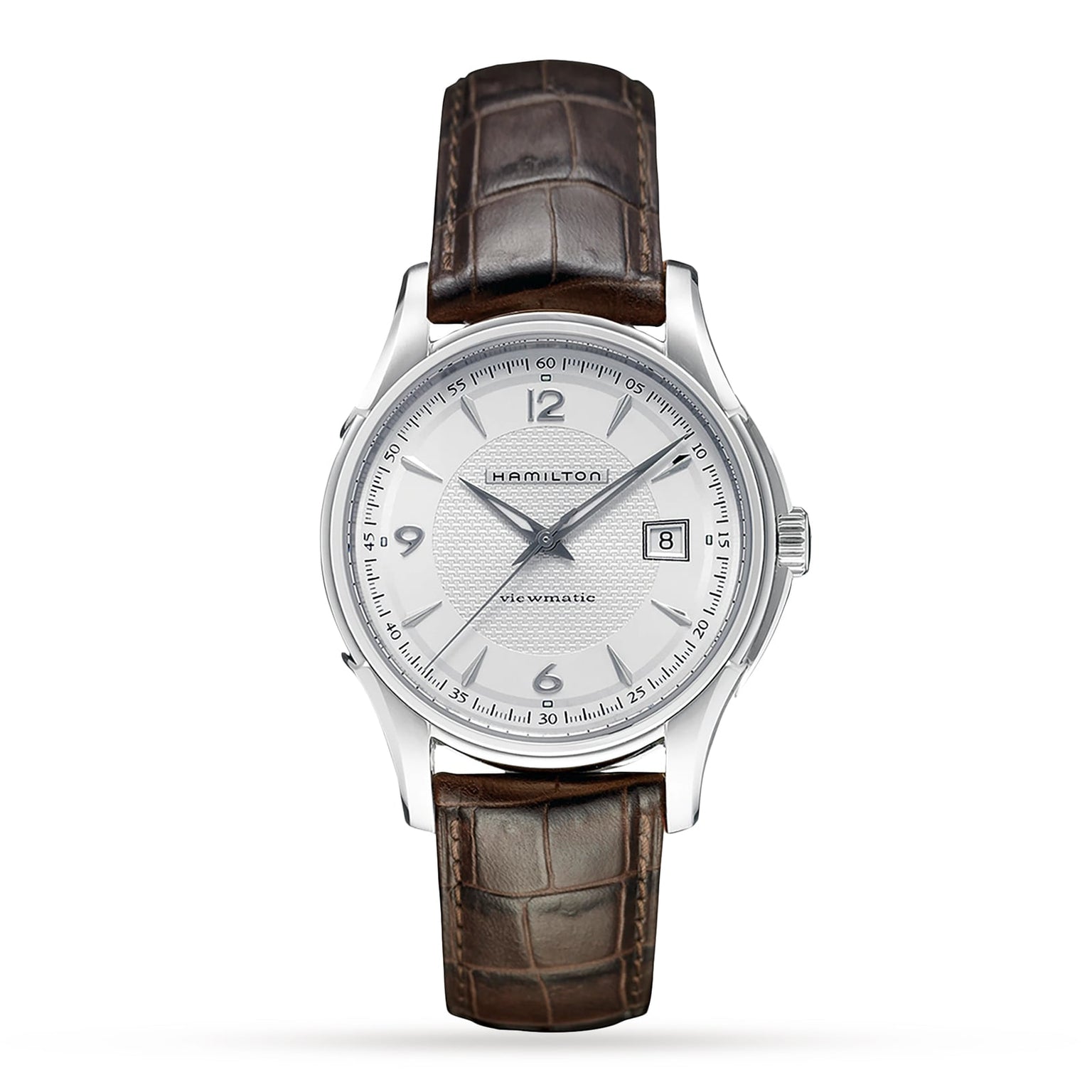 The Hamilton Jazzmaster Viewmatic Auto wristwatch features a silver case, white dial, date display at 3 o’clock, and brown leather strap—highlighting fine craftsmanship against a plain white background.