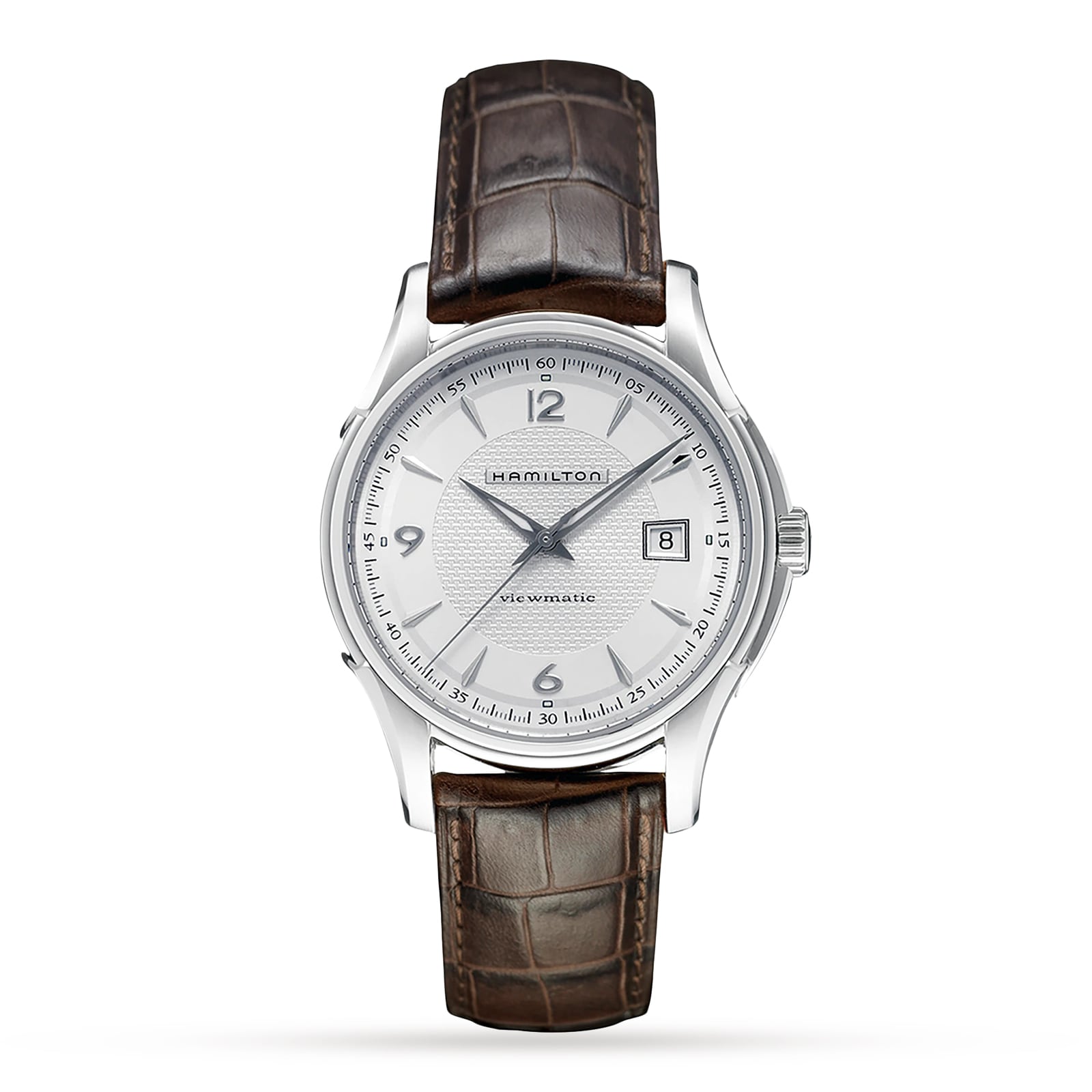 The Hamilton Jazzmaster Viewmatic Auto wristwatch features a silver case, white dial, date display at 3 o’clock, and brown leather strap—highlighting fine craftsmanship against a plain white background.