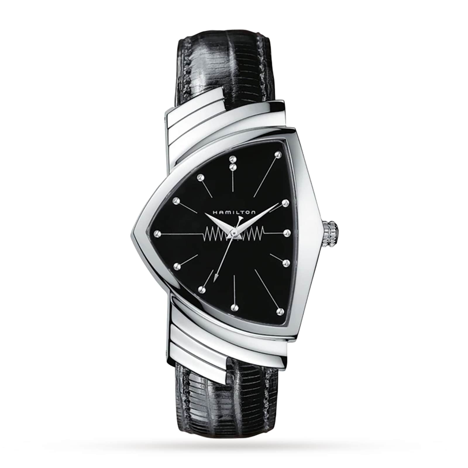 The Hamilton Ventura Quartz wristwatch features a black triangular dial, silver hour markers, and a black leather strap, embodying iconic Mid-Century Modern design.