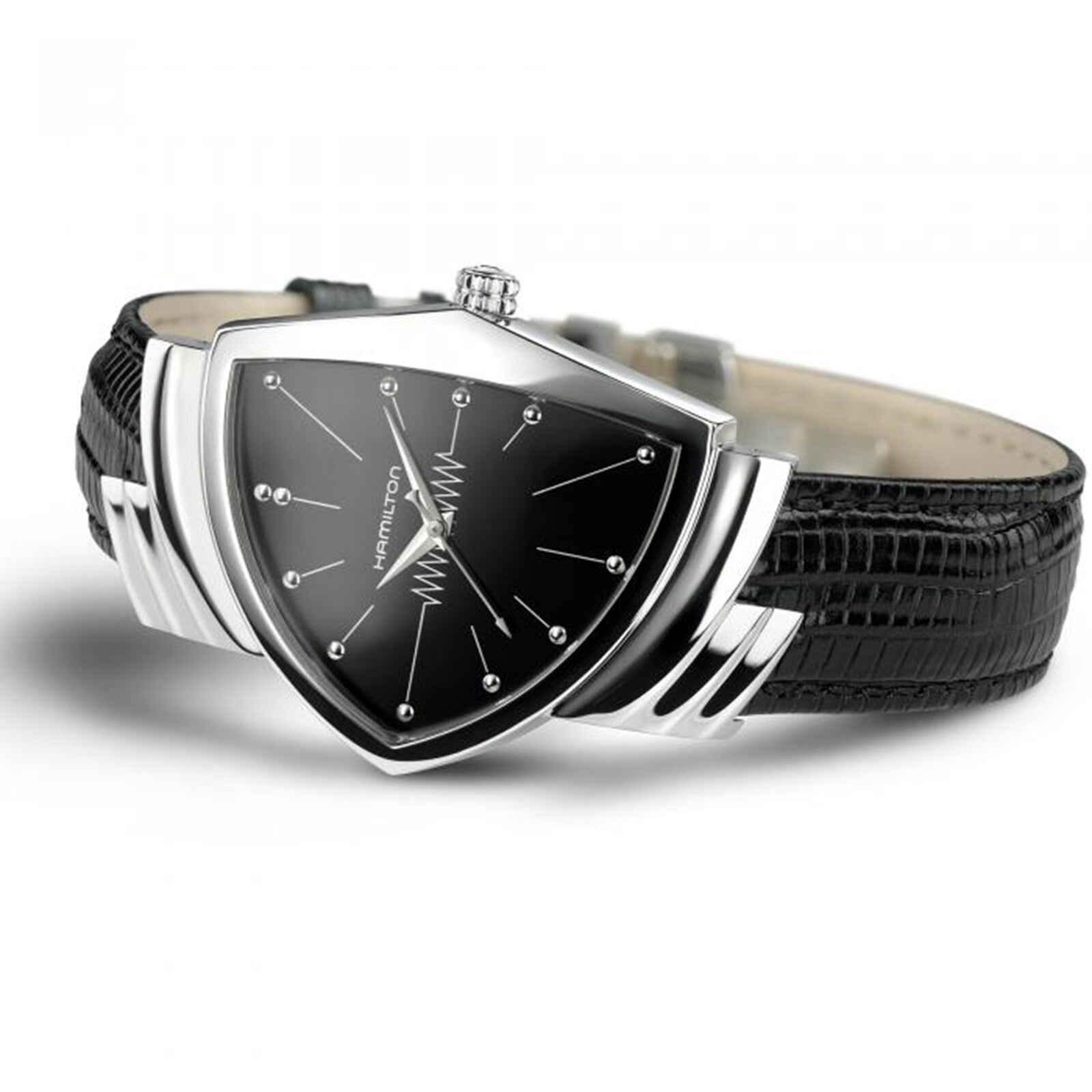 The Hamilton Ventura Quartz features a black and silver triangular face, silver hour markers, and a black textured leather strap. Iconic Mid-Century Modern style and the Hamilton logo are displayed on the dial.