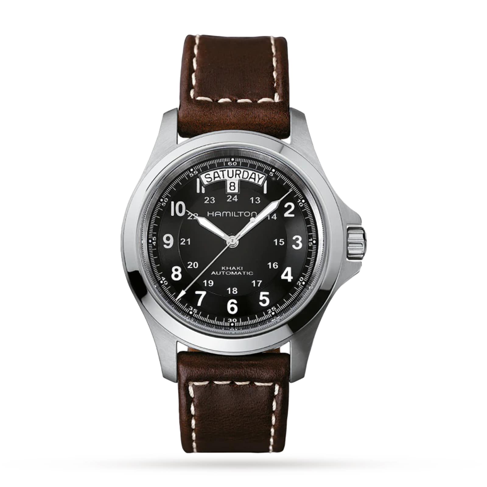 The Hamilton Khaki Field King Auto features a brown leather strap, black dial with white numerals and military time markings, crown protectors, and a day-date display at 12 o’clock.