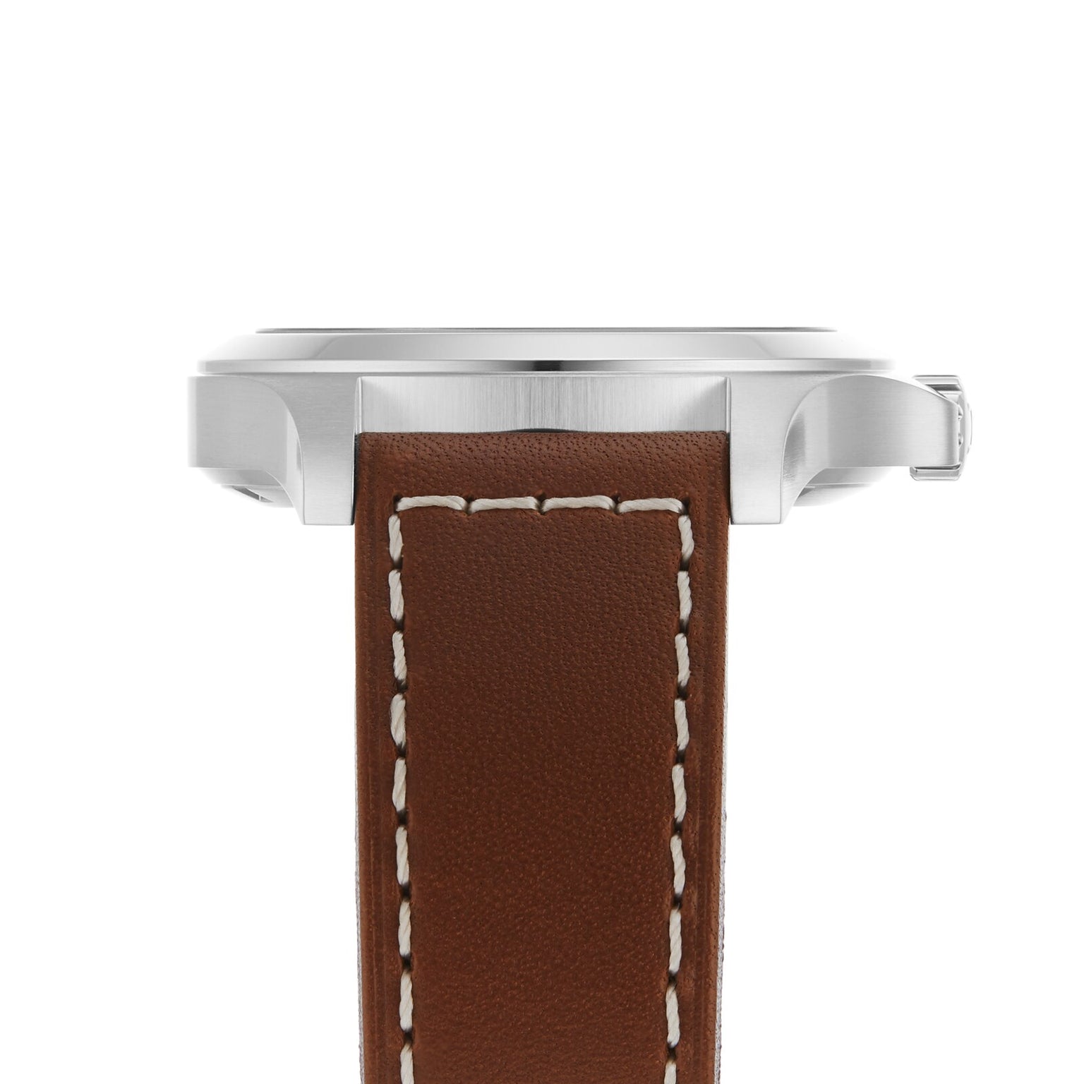 Side view of the Hamilton Khaki Field King Auto wristwatch featuring a stainless steel case, crown protectors, and a brown leather strap with white stitching.