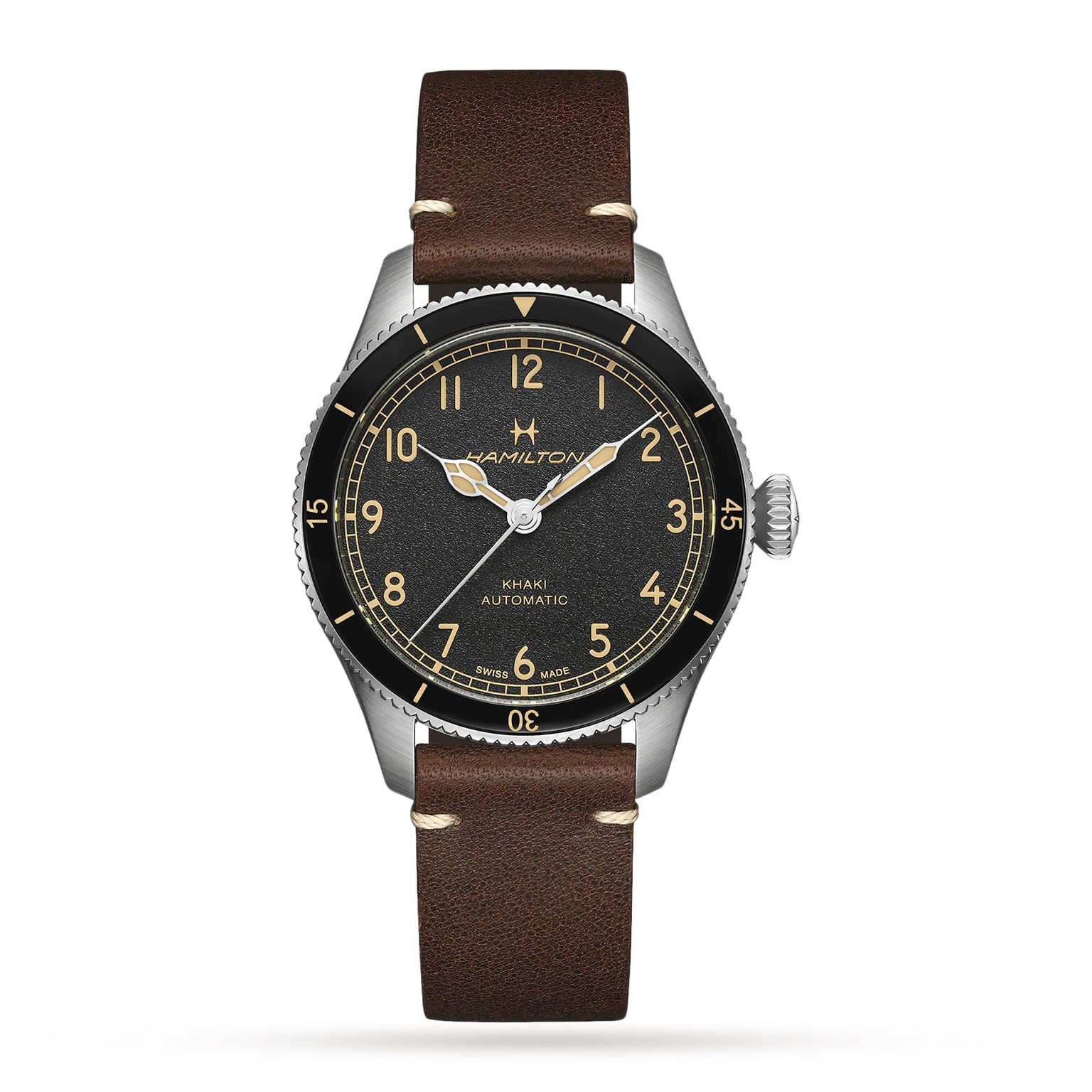 Hamilton Khaki Aviation Pilot Pioneer automatic watch with a brown leather strap, black dial, beige numerals, and silver bezel by Hamilton, shown on a white background.