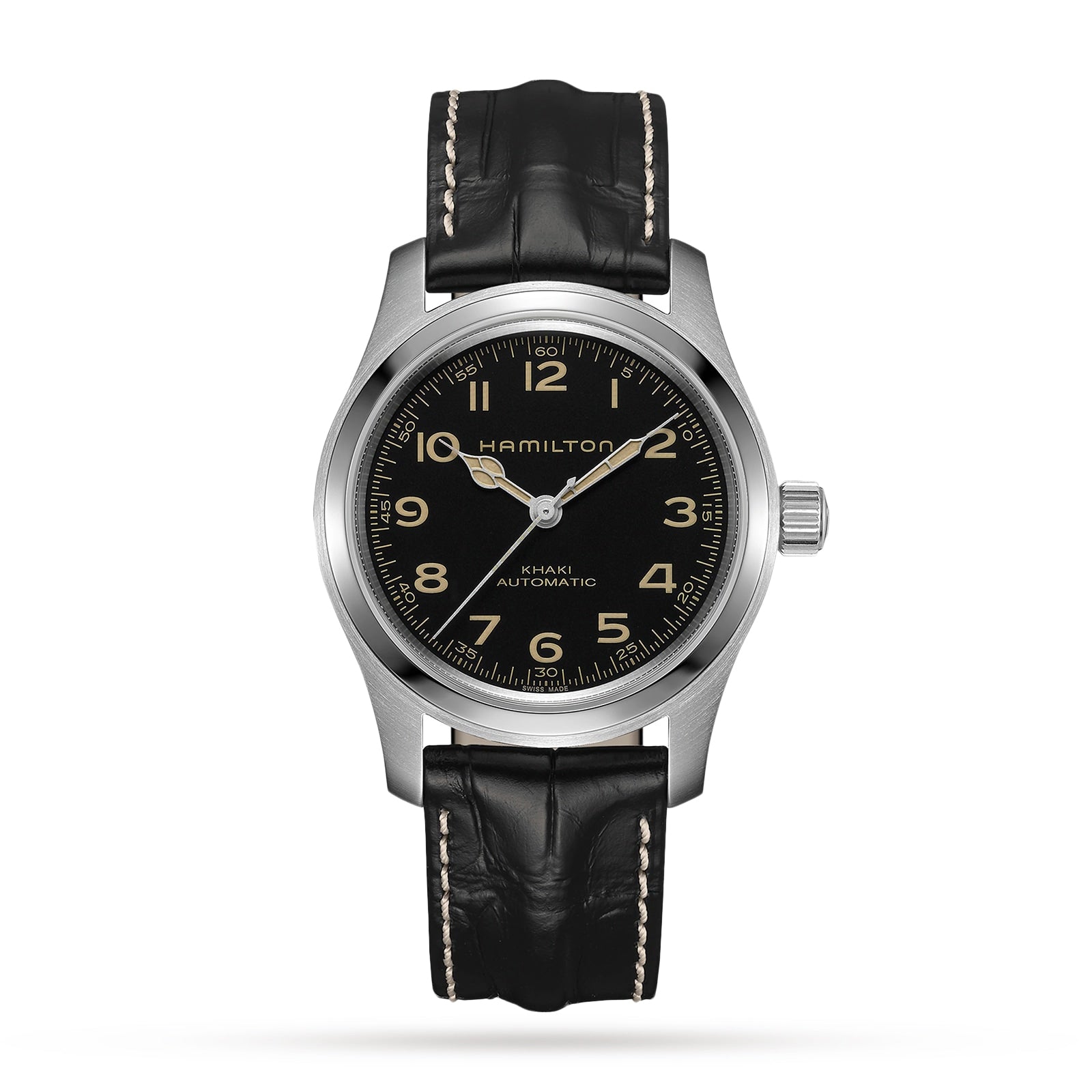The Hamilton Khaki Field Murph Auto wristwatch features a black dial with beige numerals, a silver casing, and a black leather strap with white stitching. Inspired by the Interstellar watch, it displays three hands and no date window.