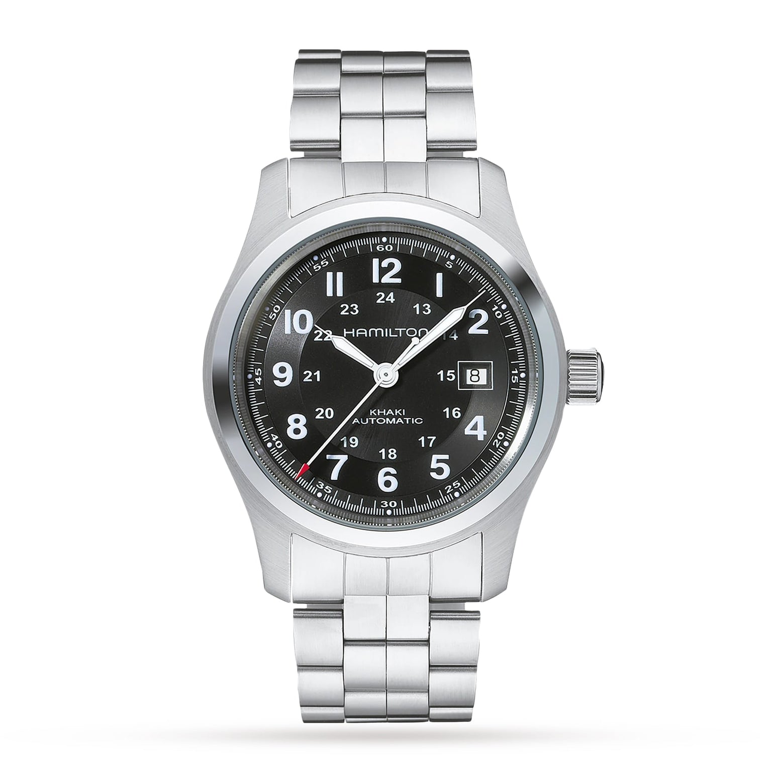 The Hamilton Khaki Field Auto wristwatch features a stainless steel case, black dial with white numerals, date window at 3 o’clock, link bracelet, H-10 automatic movement with an 80-hour power reserve, shown on a white background.