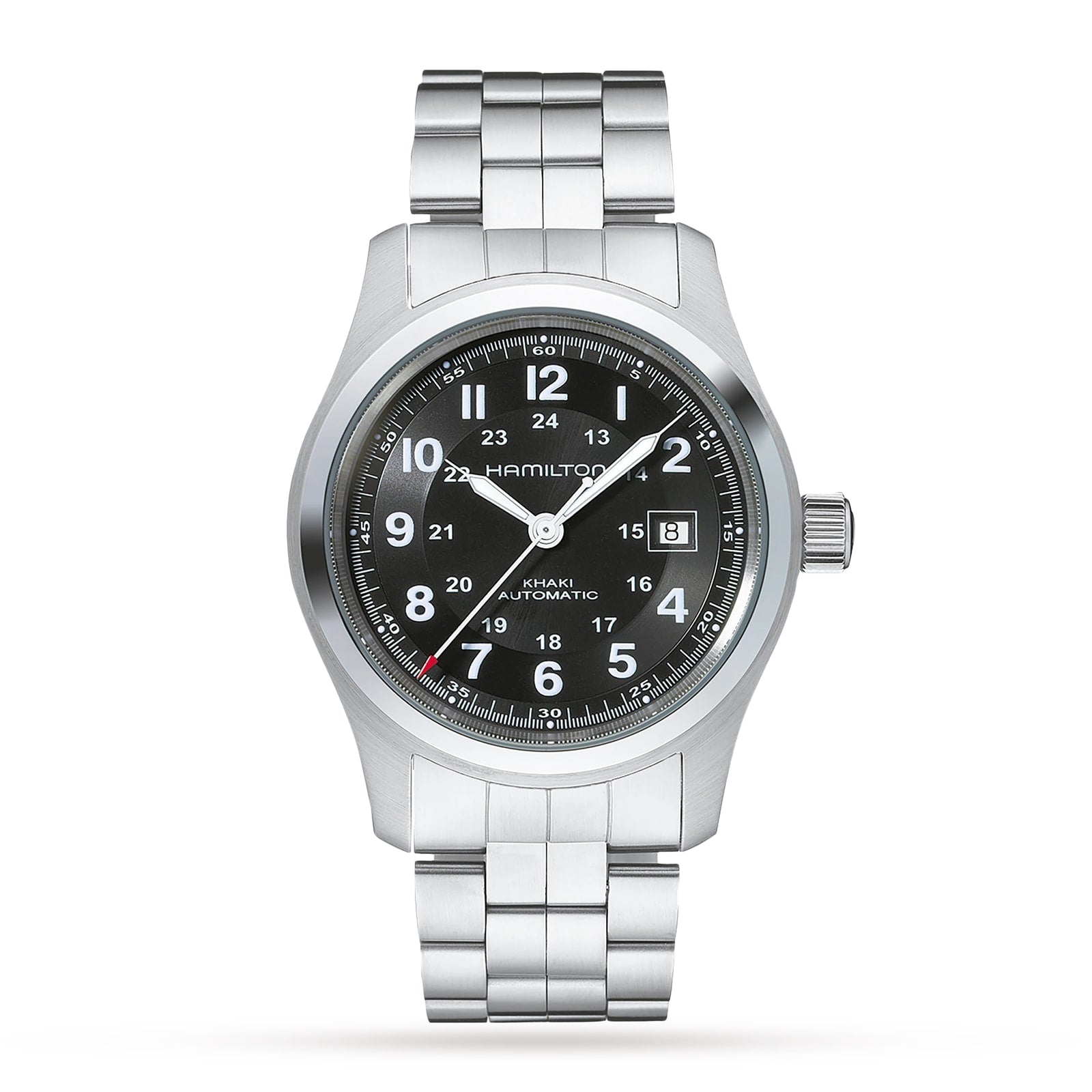 The Hamilton Khaki Field Auto wristwatch features a stainless steel case, black dial with white numerals, date window at 3 o’clock, link bracelet, H-10 automatic movement with an 80-hour power reserve, shown on a white background.