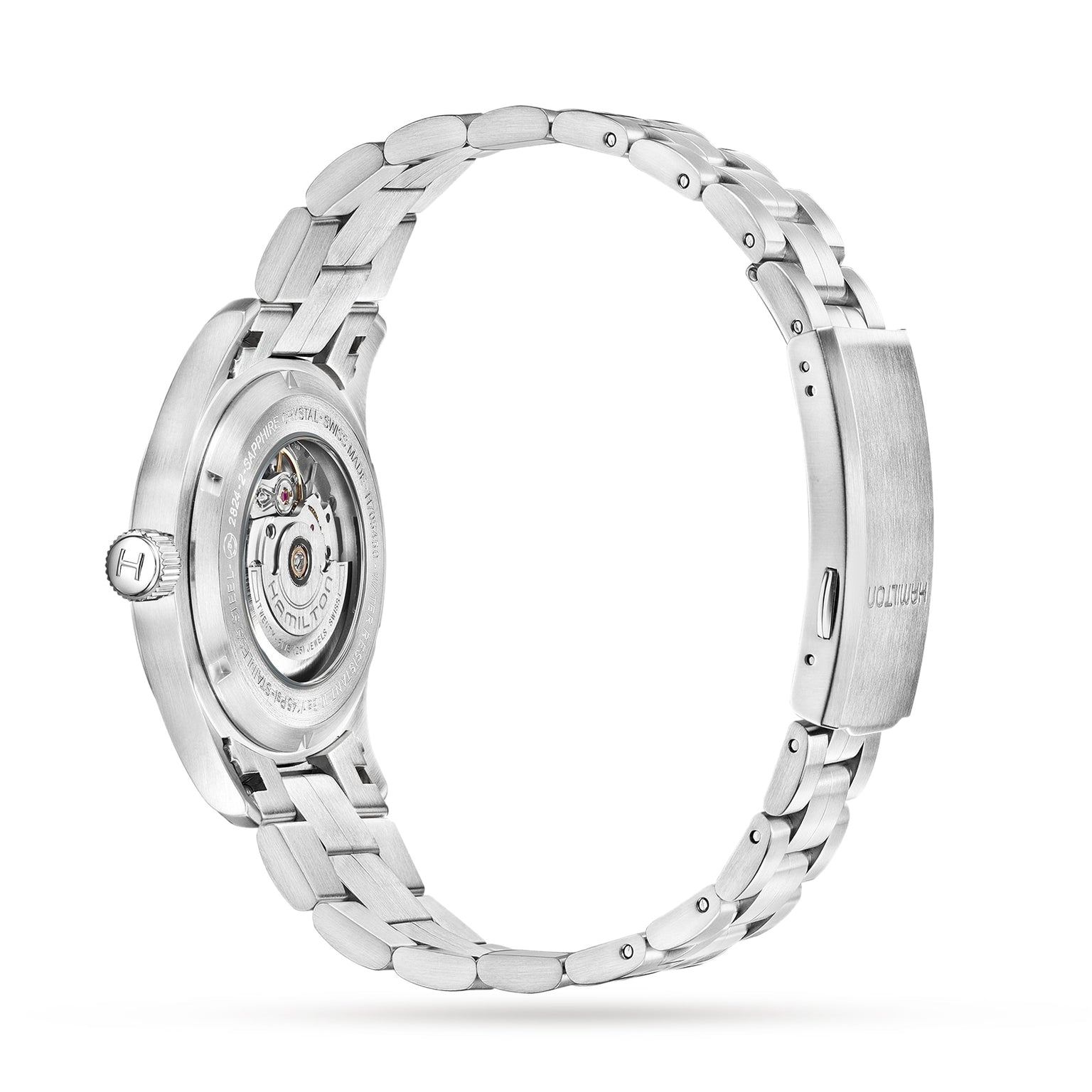 Side view of the Hamilton Khaki Field Auto wristwatch featuring a stainless steel case, transparent case back revealing the H-10 automatic movement with 80-hour power reserve, and a metal bracelet.