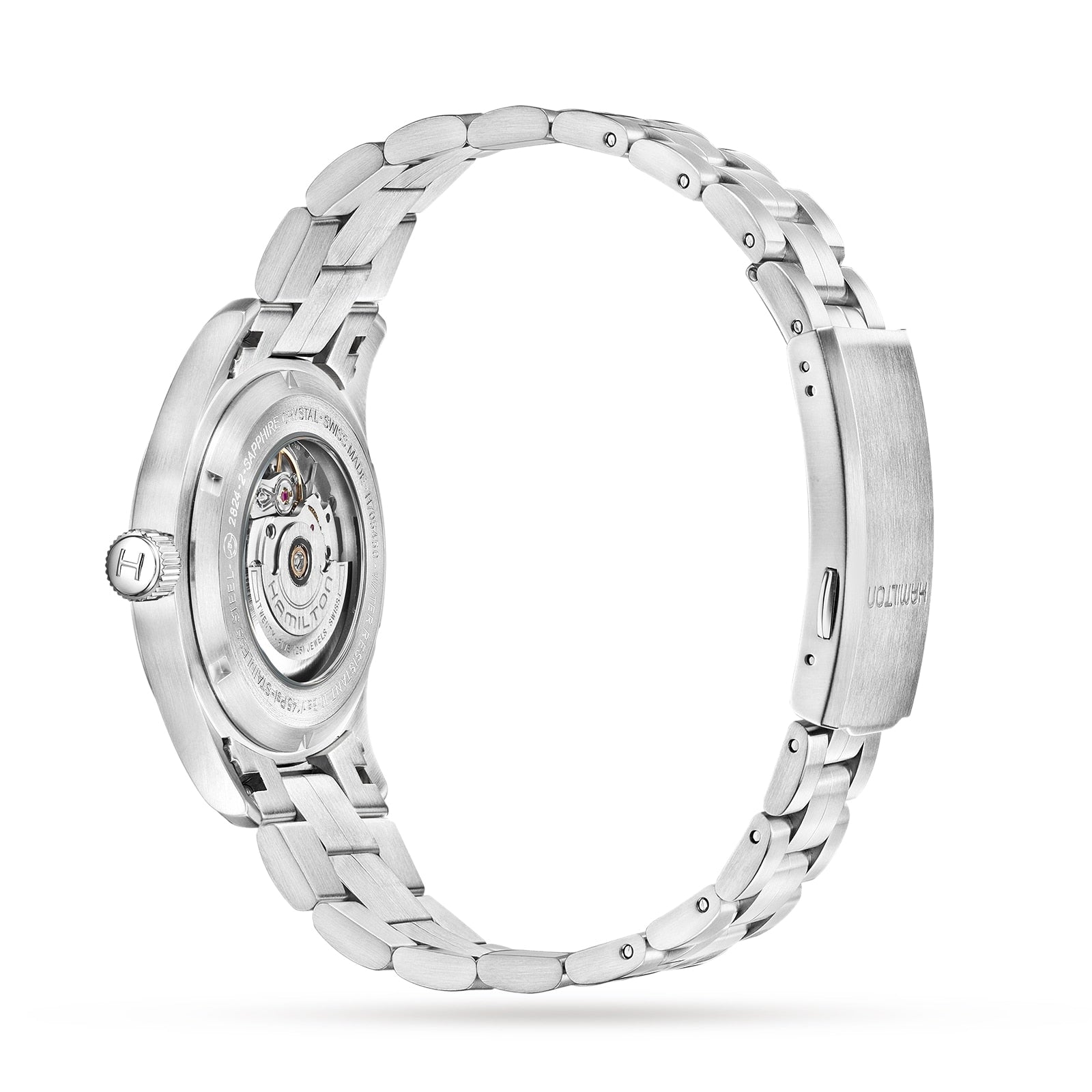 Side view of the Hamilton Khaki Field Auto wristwatch featuring a stainless steel case, transparent case back revealing the H-10 automatic movement with 80-hour power reserve, and a metal bracelet.