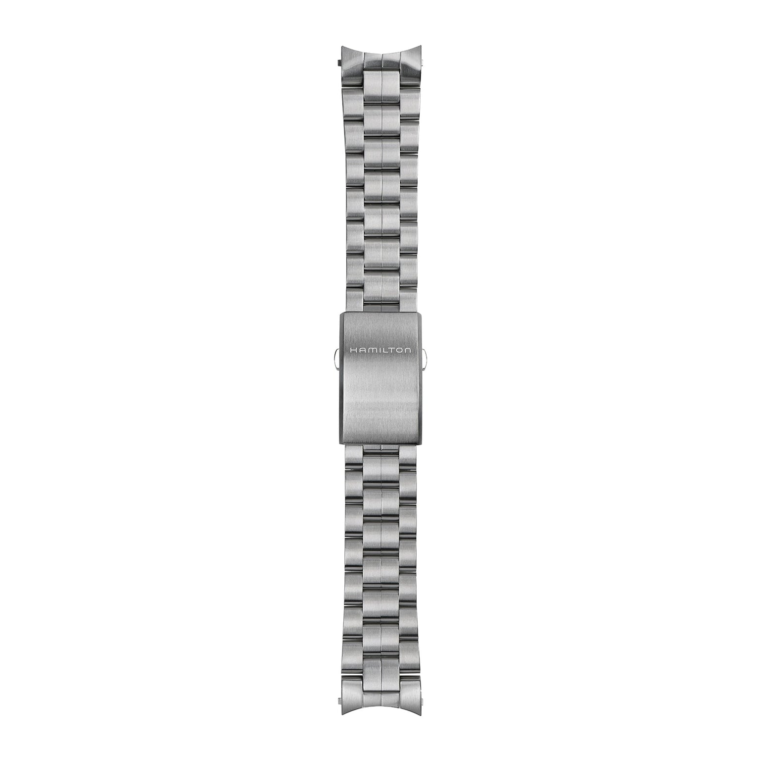Silver brushed metal watch band with a fold-over clasp engraved Hamilton, designed to complement the Khaki Field Auto and its H-10 automatic caliber.