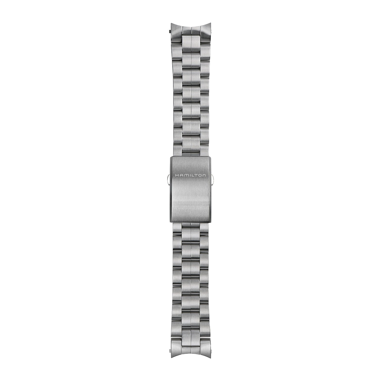 Silver brushed metal watch band with a fold-over clasp engraved Hamilton, designed to complement the Khaki Field Auto and its H-10 automatic caliber.
