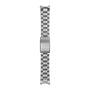 Silver brushed metal watch band with a fold-over clasp engraved Hamilton, designed to complement the Khaki Field Auto and its H-10 automatic caliber.