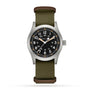 The Hamilton Khaki Field Mechanical 42mm wristwatch features a black dial, white numerals, silver case, and olive green fabric strap with a hand-wound H-50 movement, capturing the classic soldiers watch style. Shown against a white background.