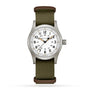 The Hamilton Khaki Field Mechanical is a silver watch featuring a white face, black numerals, and an olive green fabric strap.