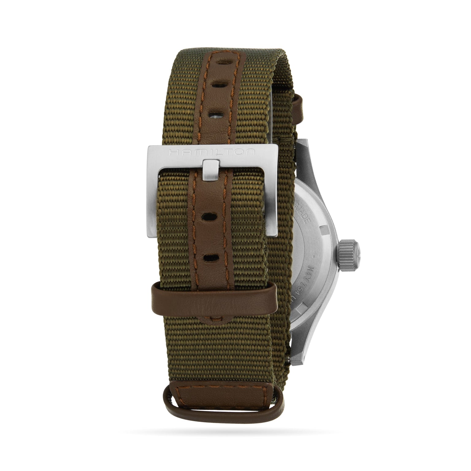 Back view of the Hamilton Khaki Field Mechanical watch featuring a green fabric strap, brown leather accents, and a silver buckle.