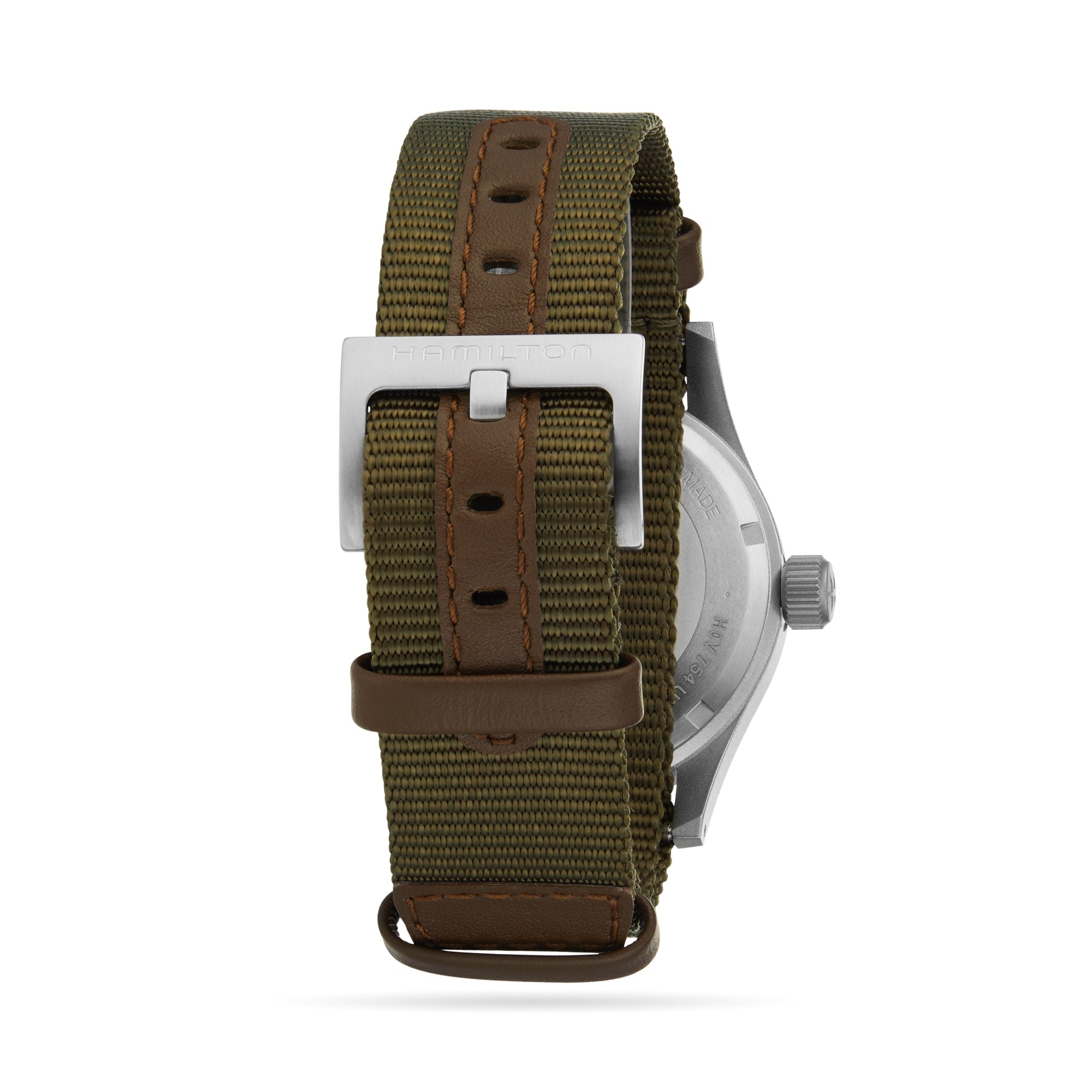 Back view of the Hamilton Khaki Field Mechanical watch featuring a green fabric strap, brown leather accents, and a silver buckle.