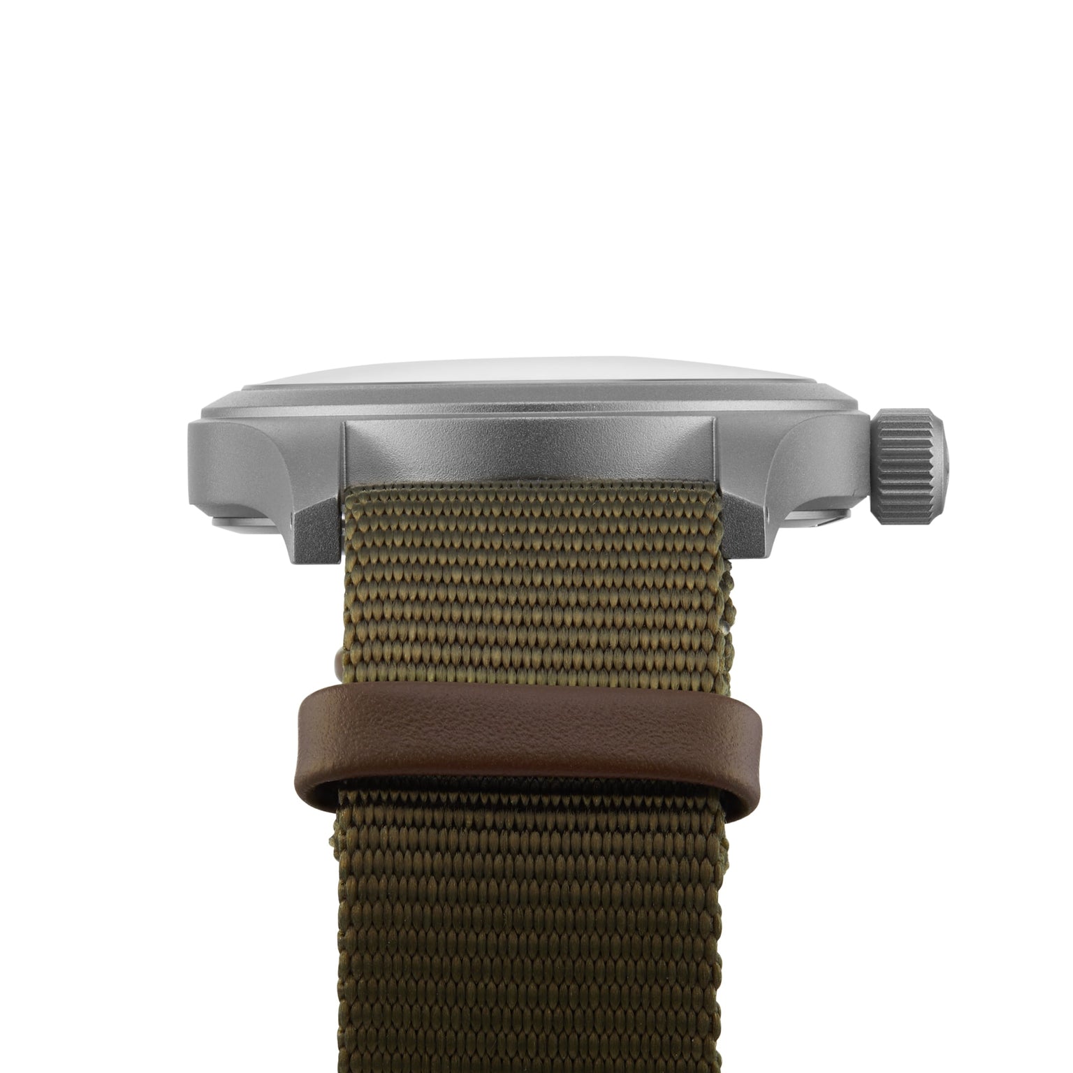 Close-up of the Hamilton Khaki Field Mechanical wristwatch, featuring a green fabric strap and a side view of the case and crown.