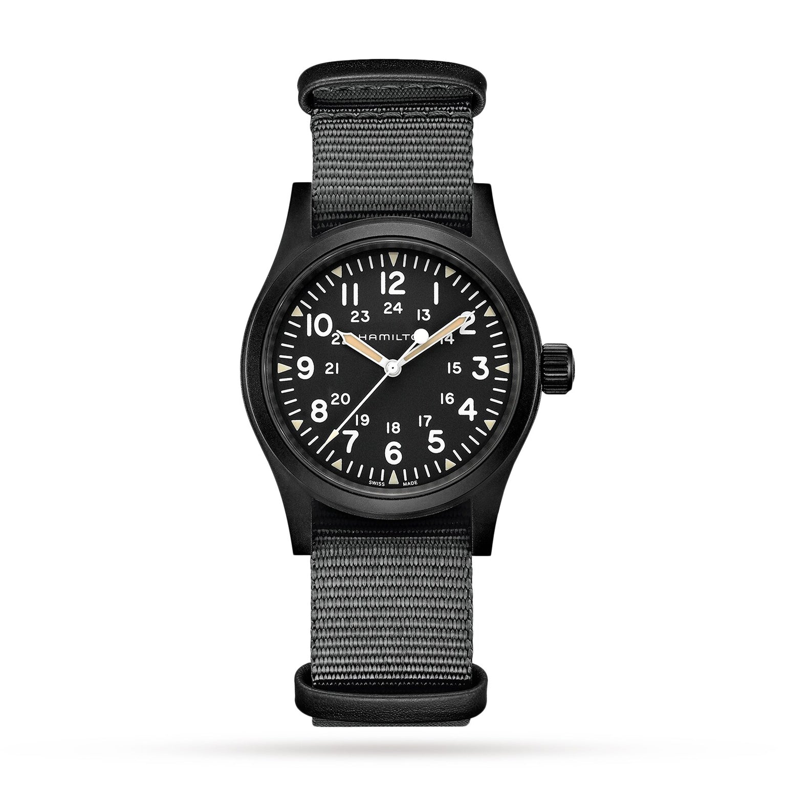 The Hamilton Khaki Field Mechanical is a black analog wristwatch with white numerals, a black case, and a gray NATO strap, showcasing a classic design against a white background.
