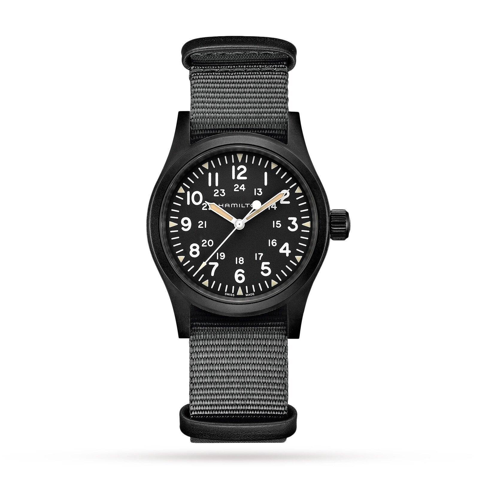 The Hamilton Khaki Field Mechanical is a black analog wristwatch with white numerals, a black case, and a gray NATO strap, showcasing a classic design against a white background.